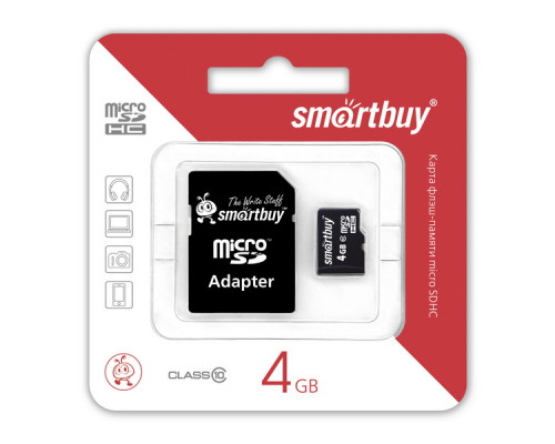 Карта памяти Micro SD 4 GB SMART BUY CLASS 4 + SD АДАПТЕР