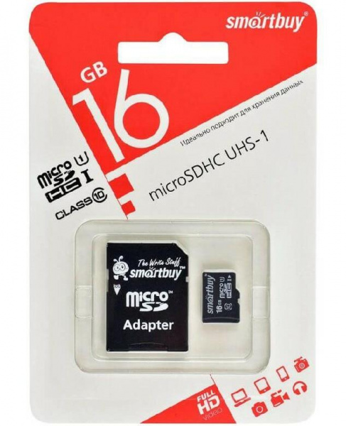 Карта памяти Micro SD 16 GB SMART BUY CLASS 10 + SD АДАПТЕР