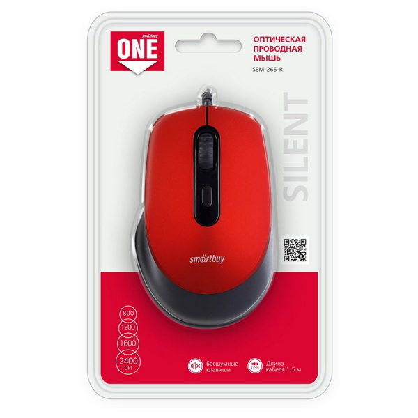 Мышь оптическая (проводная-USB) SmartBuy SBM-265-R бесшумная,красный